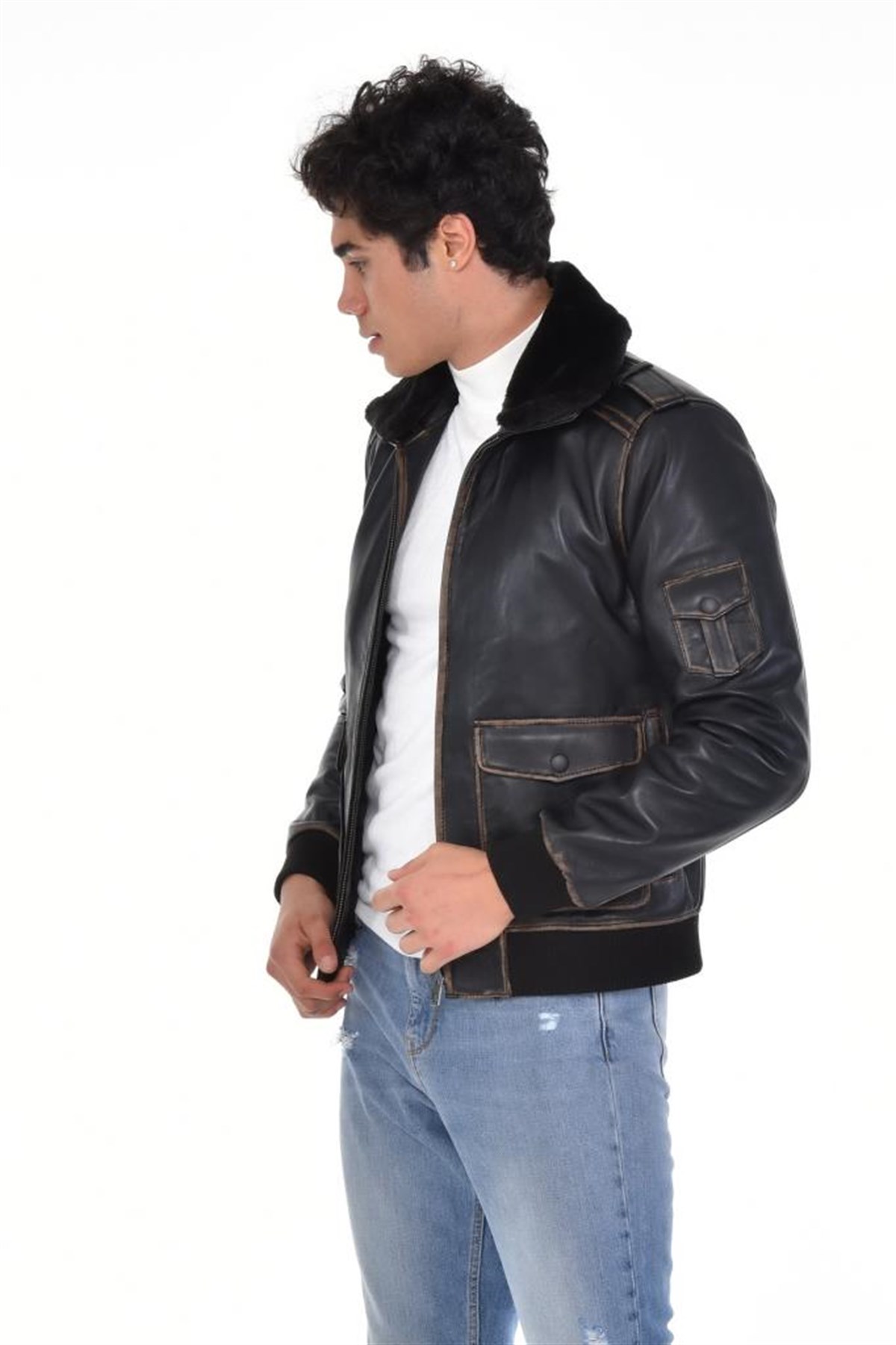 Eskitme Siyah Manşet Kollu Kürk Yakalı Hakiki Erkek Deri Mont, Hakiki Kuzu Deri Ceket