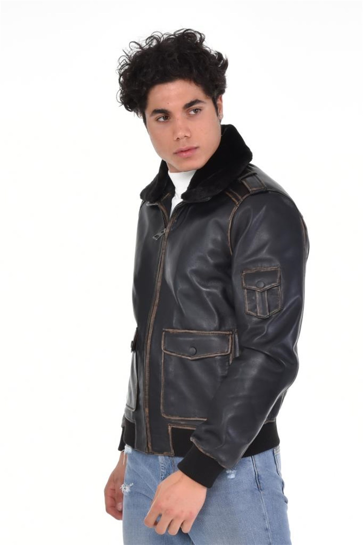 Eskitme Siyah Manşet Kollu Kürk Yakalı Hakiki Erkek Deri Mont, Hakiki Kuzu Deri Ceket