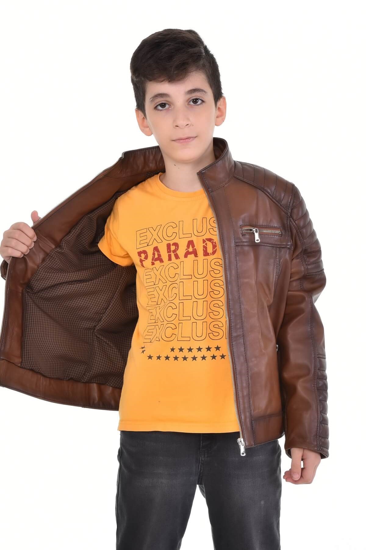 Fermuarlı Kahverengi Erkek Çocuk %100 Orijinal Deri Ceket
