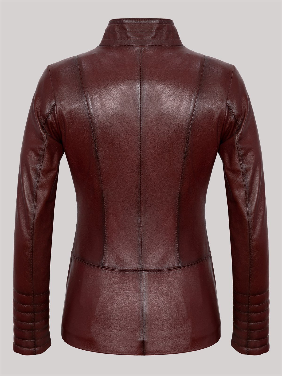 Hakiki Deri Bordo Cep Detaylı İşlemeli Fermuarlı Kadın Deri Ceket