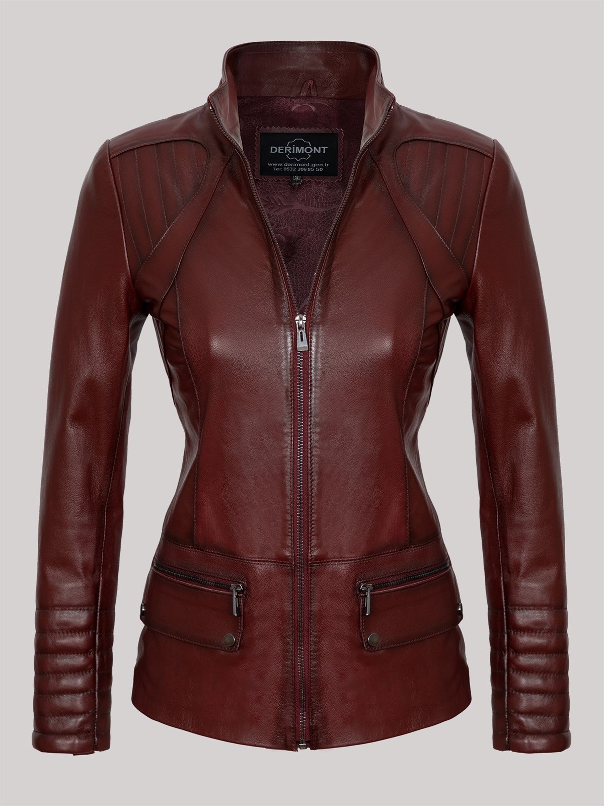 Hakiki Deri Bordo Cep Detaylı İşlemeli Fermuarlı Kadın Deri Ceket