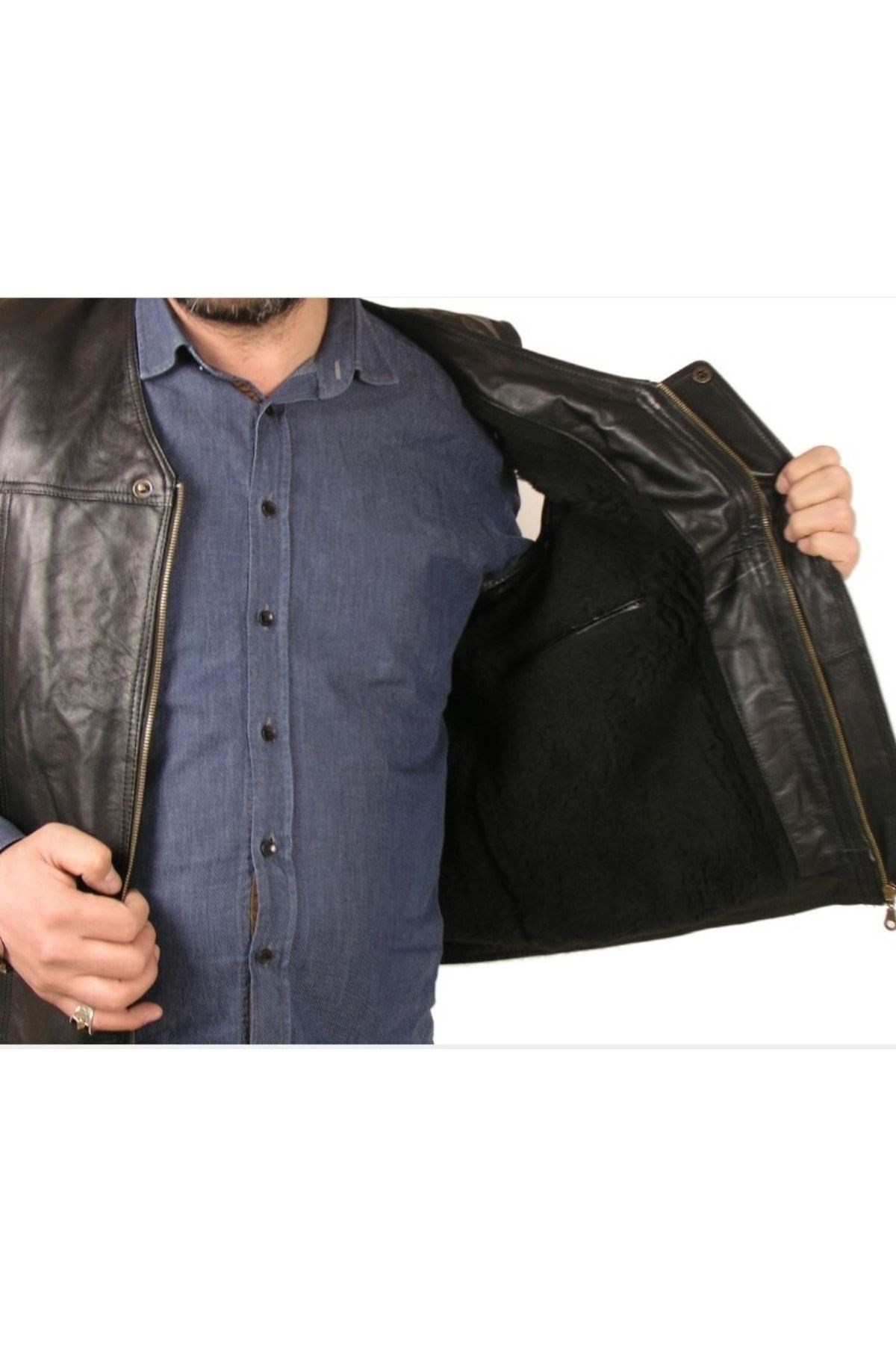 Hakiki Deri Siyah Harrington Fermuarlı Erkek Deri Yelek