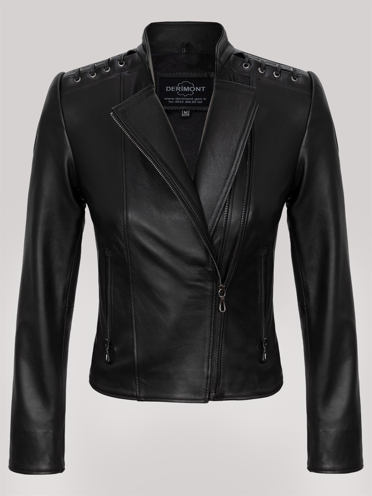 Hakiki Deri Siyah Omuz İşlemeli Yandan Fermuarlı Kadın Deri Ceket
