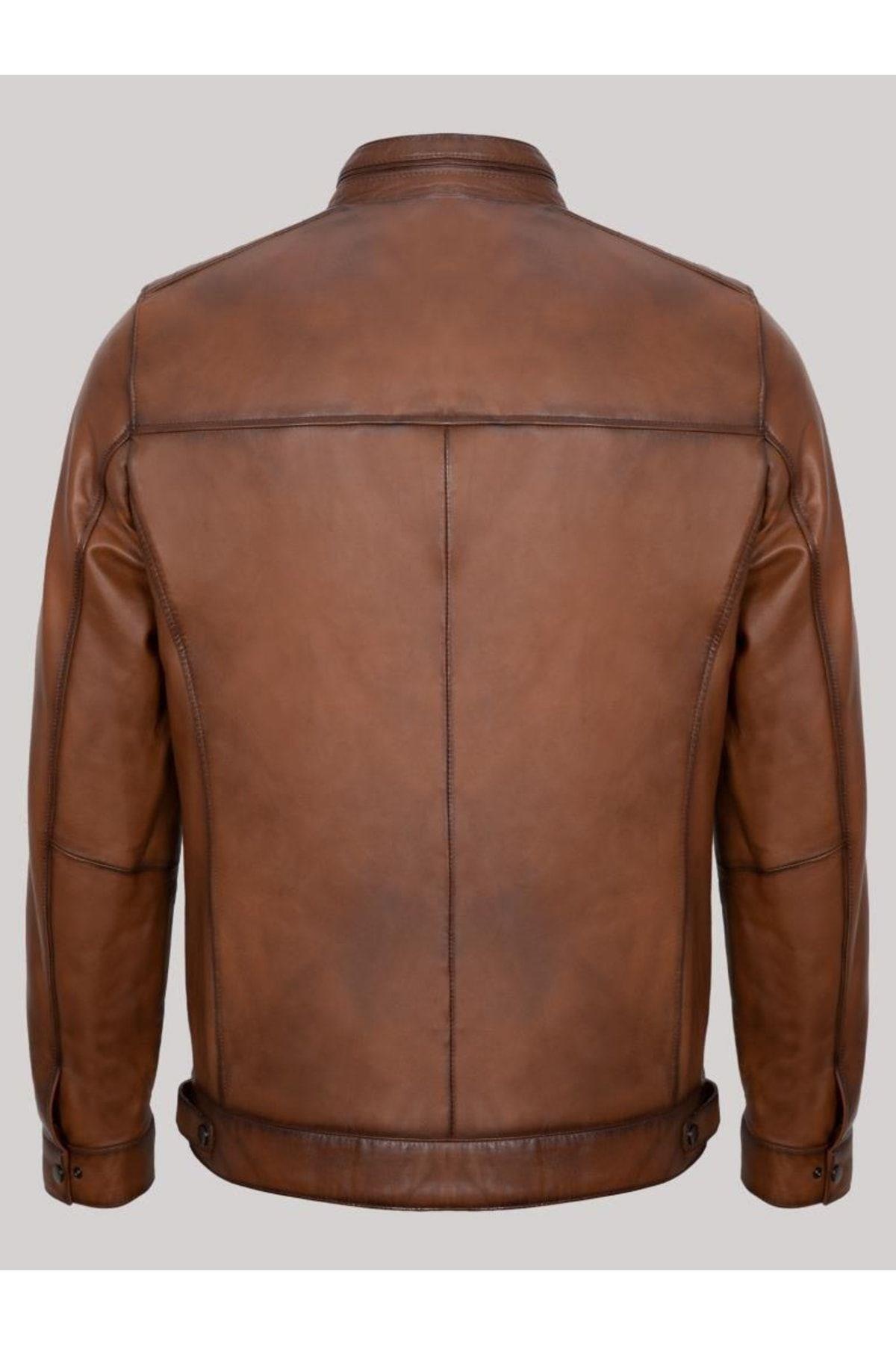 Hakiki Deri Taba Dört Cepli İşlemeli Erkek Deri Ceket
