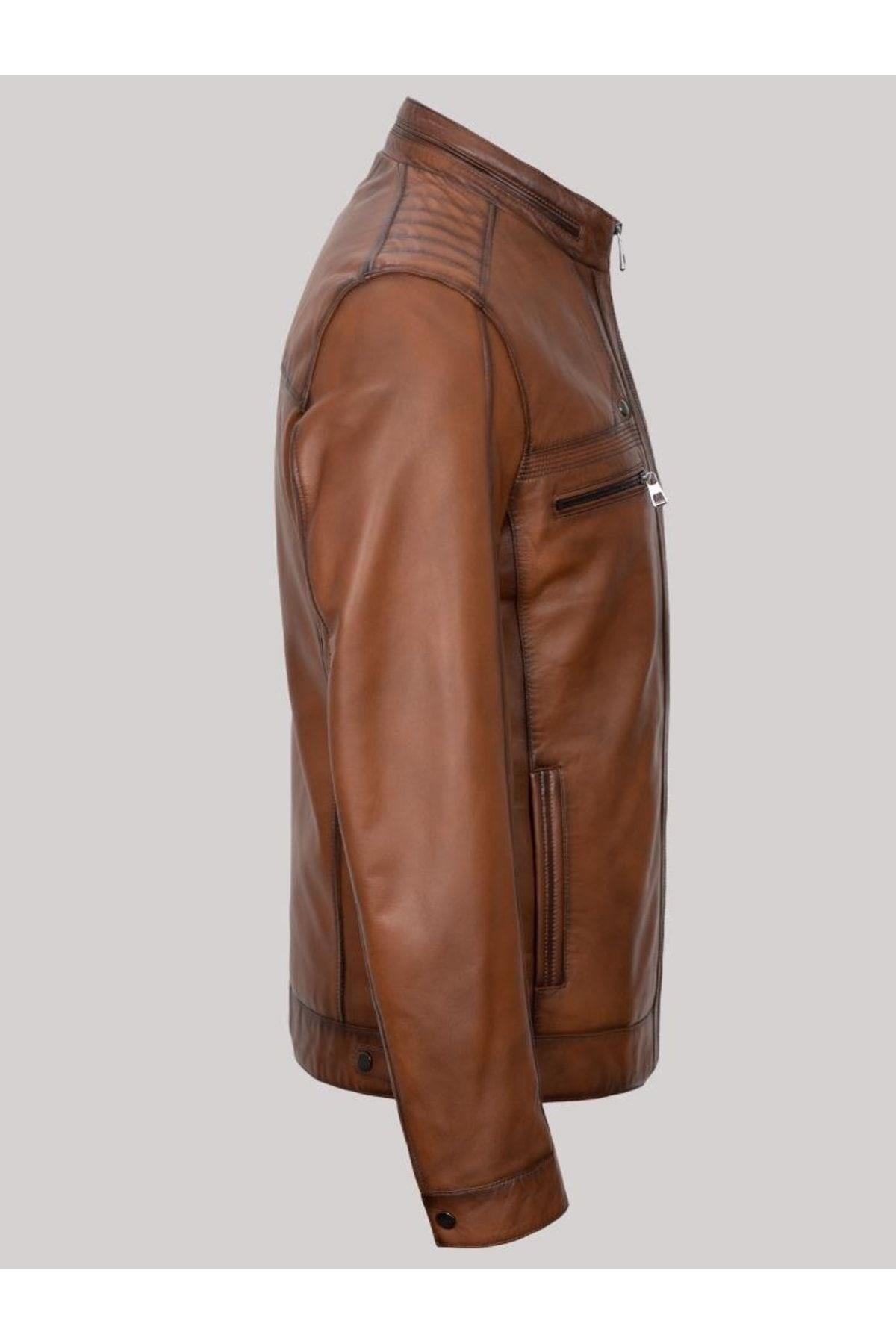 Hakiki Deri Taba Dört Cepli İşlemeli Erkek Deri Ceket