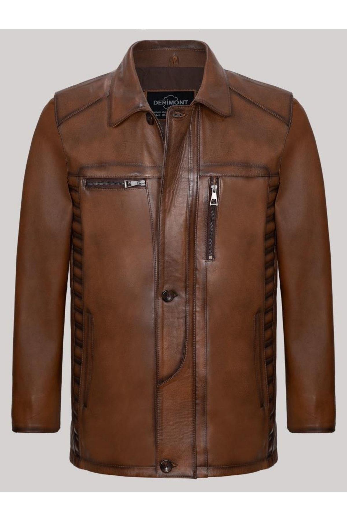 Hakiki Deri Taba Gömlek Yaka Düğmeli Erkek Deri Ceket