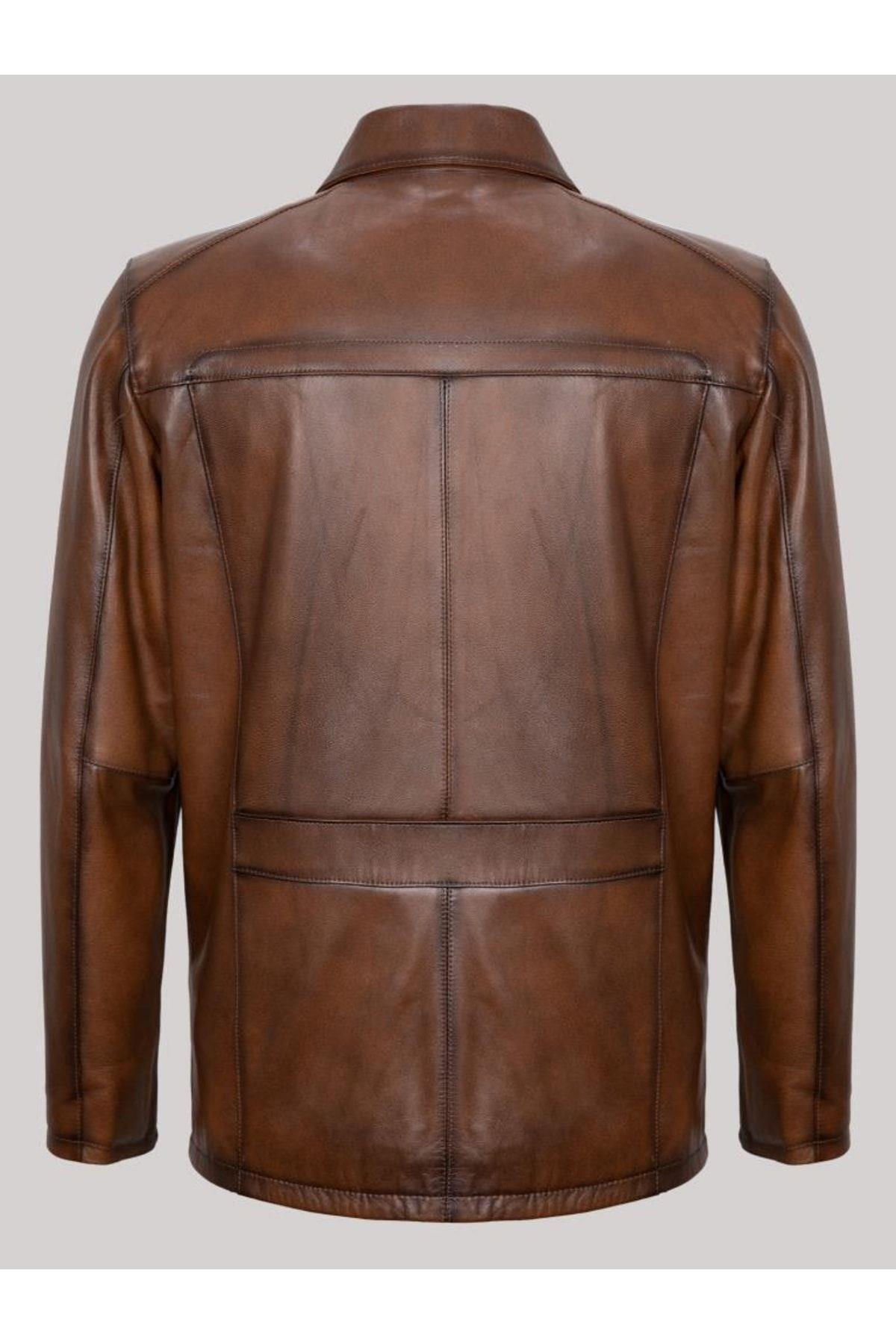 Hakiki Deri Taba Gömlek Yaka Düğmeli Erkek Deri Ceket