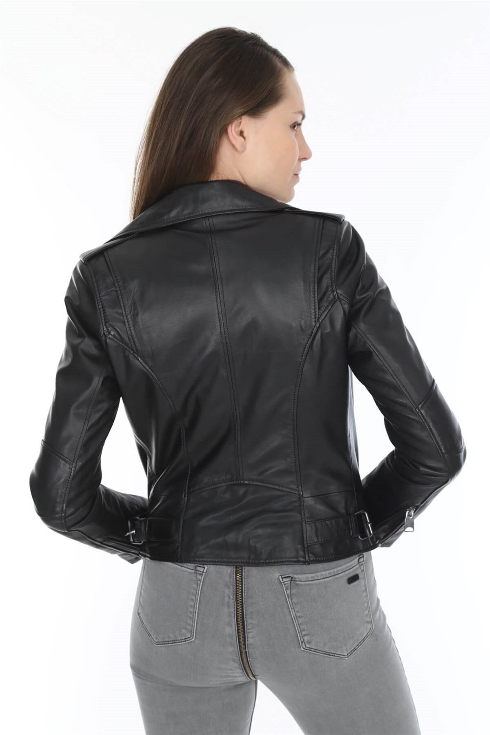 Kadın Deri Mont Siyah Çift Farmuarlı Portland