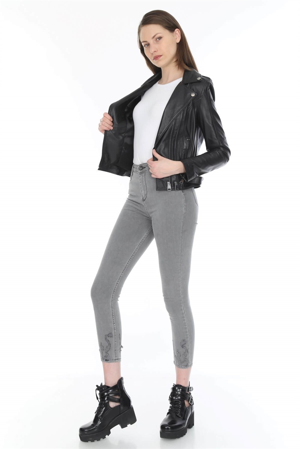 Kadın Deri Mont Siyah Çift Farmuarlı Portland