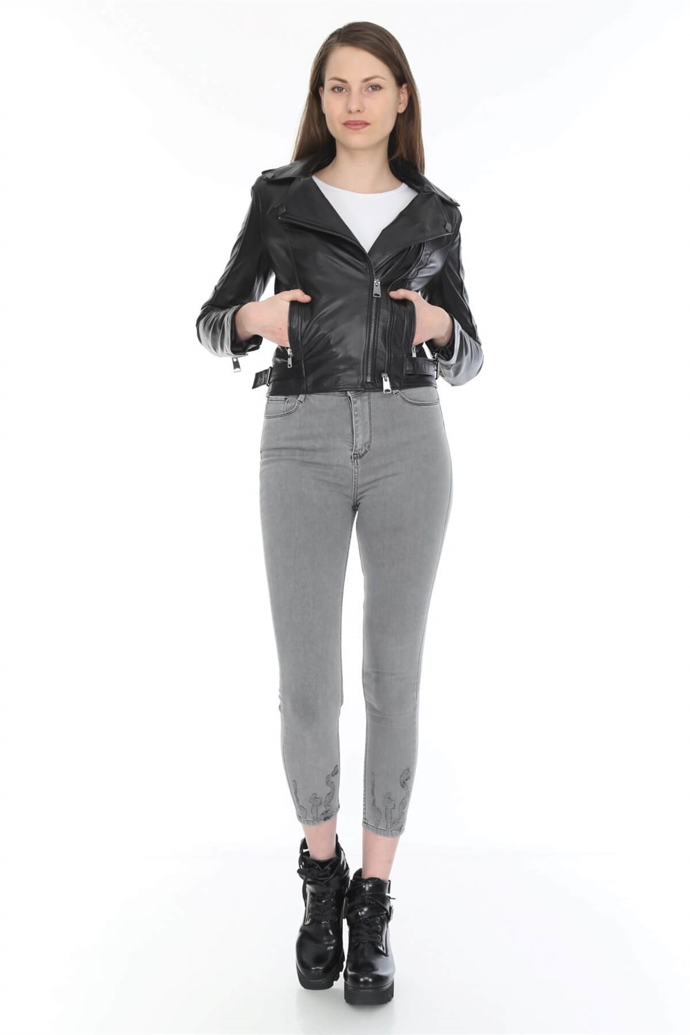 Kadın Deri Mont Siyah Çift Farmuarlı Portland