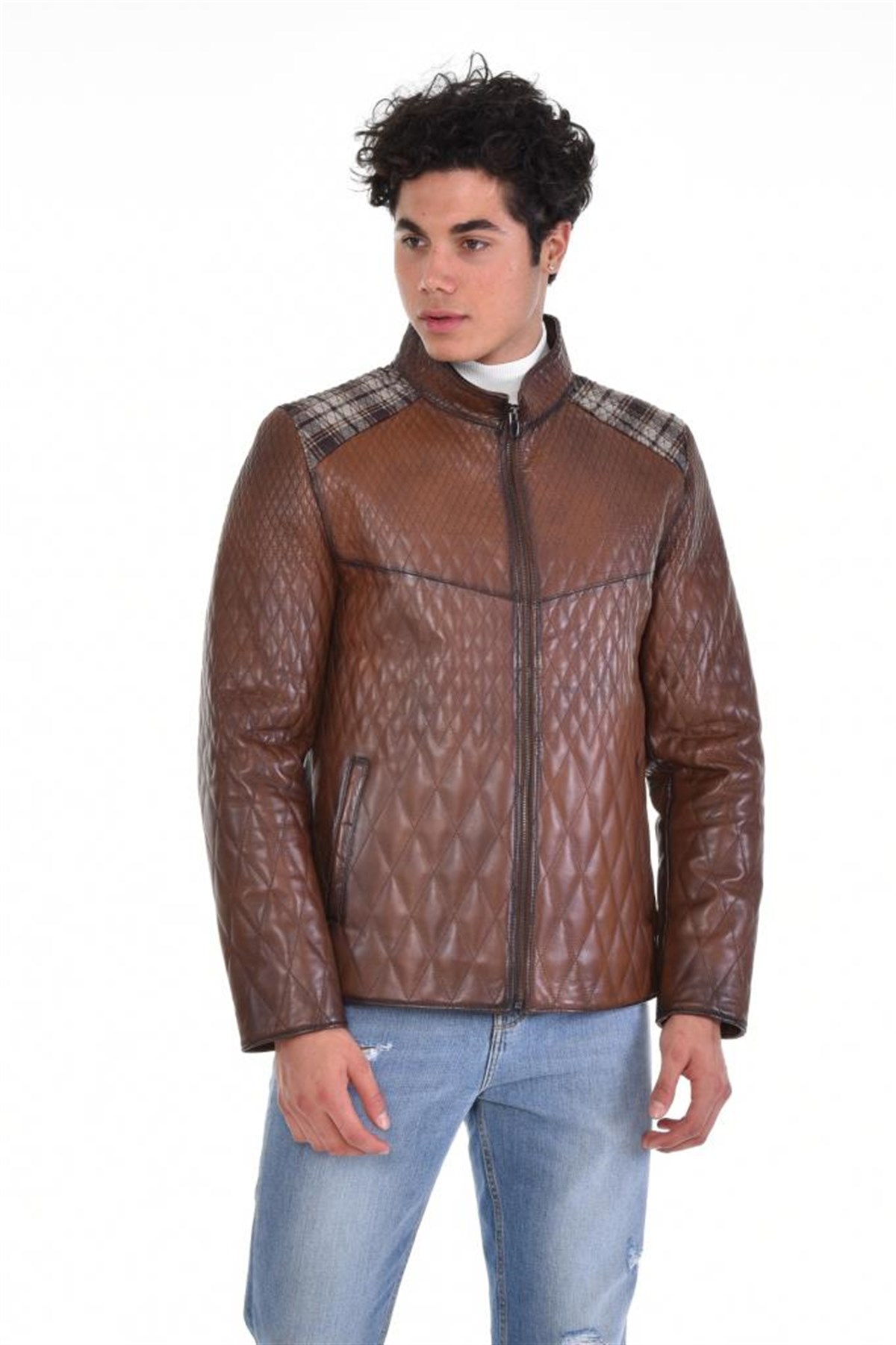 Kahverengi Baklava Desenli Omuzları Kumaş Model Hakiki Erkek Deri Mont, Hakiki Kuzu Deri Ceket