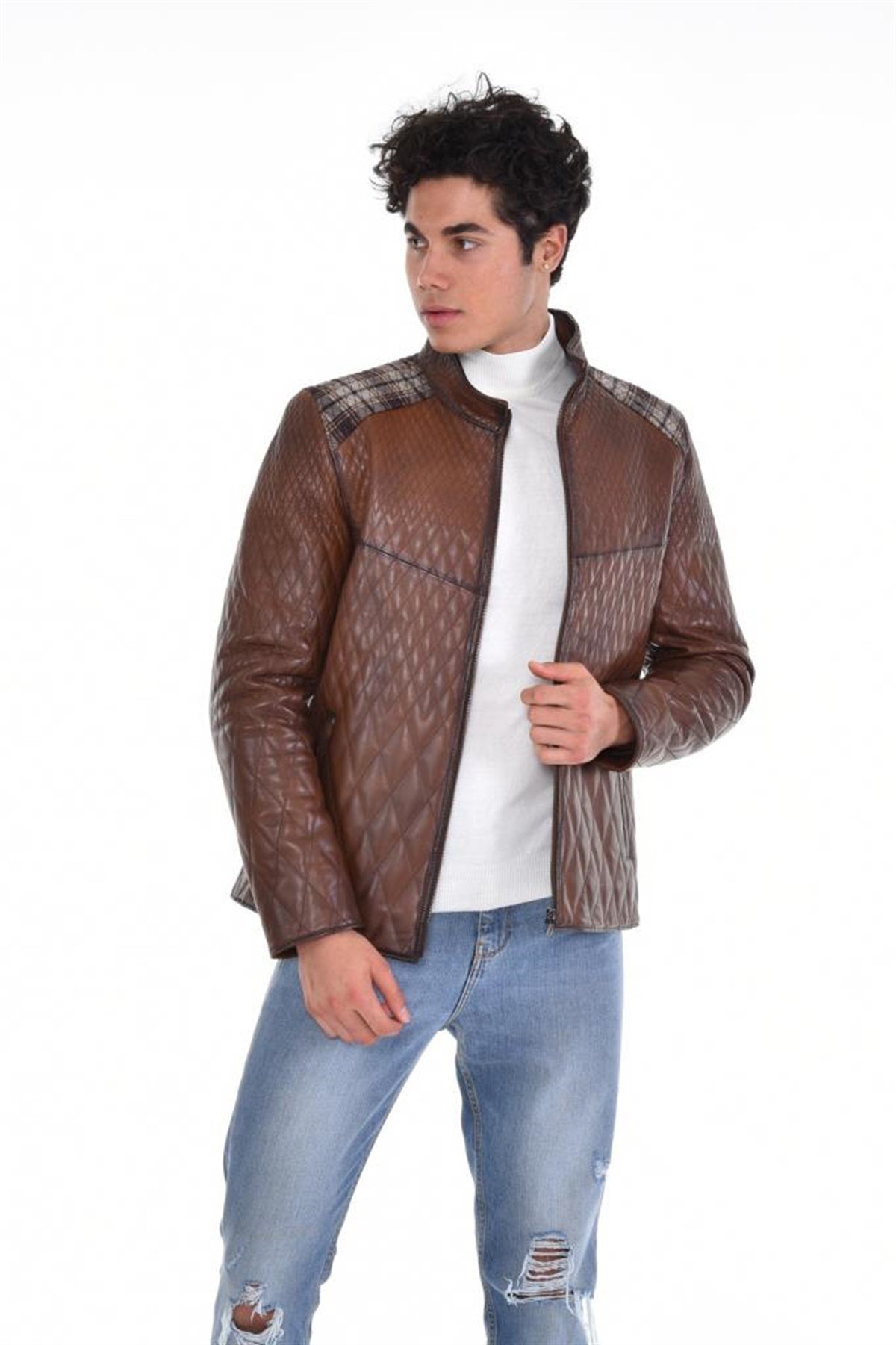 Kahverengi Baklava Desenli Omuzları Kumaş Model Hakiki Erkek Deri Mont, Hakiki Kuzu Deri Ceket
