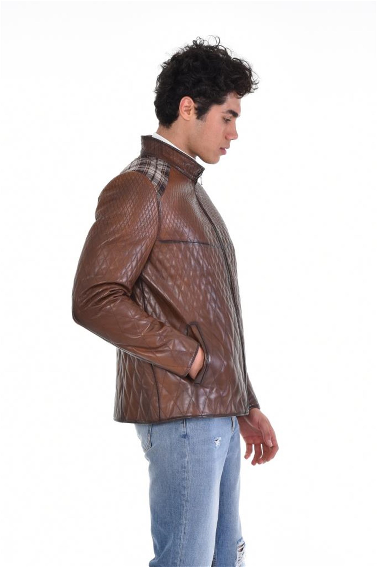 Kahverengi Baklava Desenli Omuzları Kumaş Model Hakiki Erkek Deri Mont, Hakiki Kuzu Deri Ceket