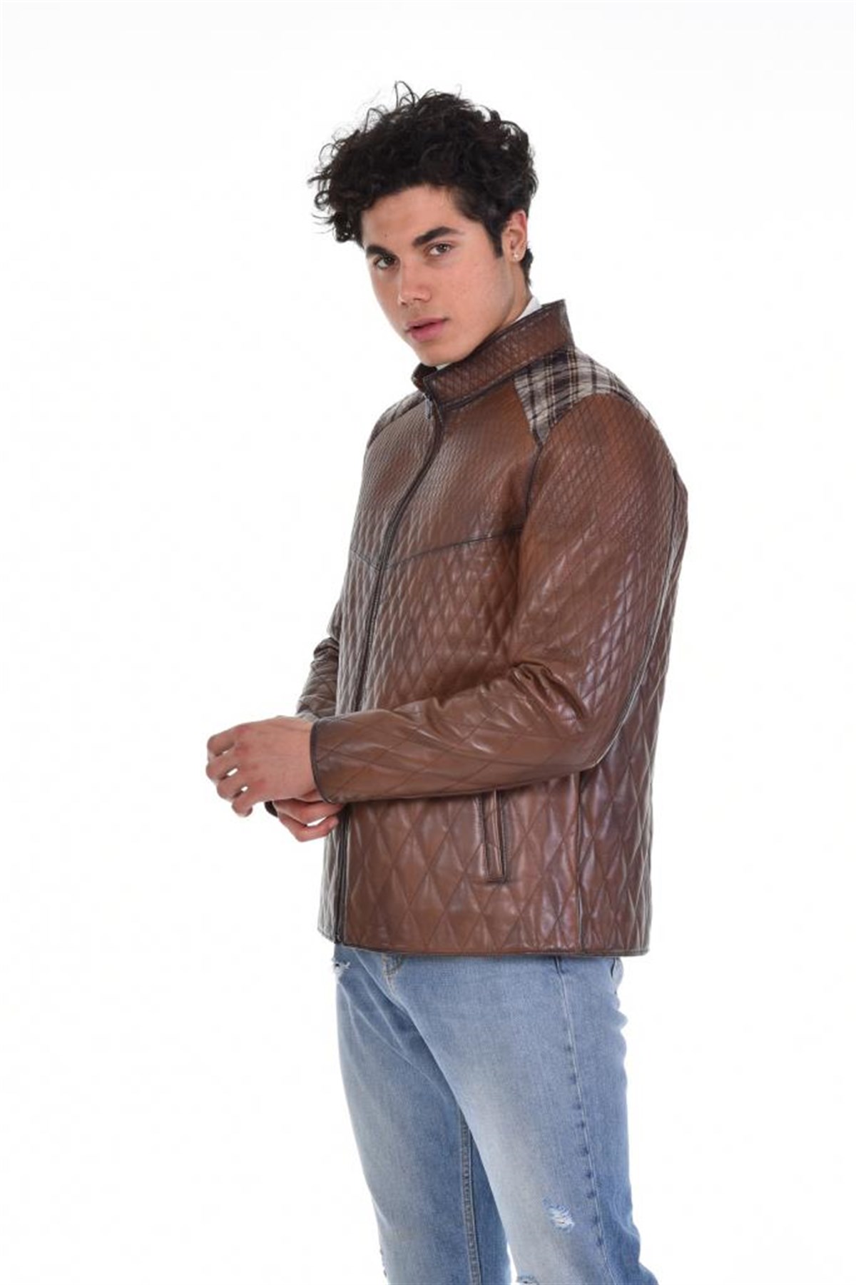 Kahverengi Baklava Desenli Omuzları Kumaş Model Hakiki Erkek Deri Mont, Hakiki Kuzu Deri Ceket
