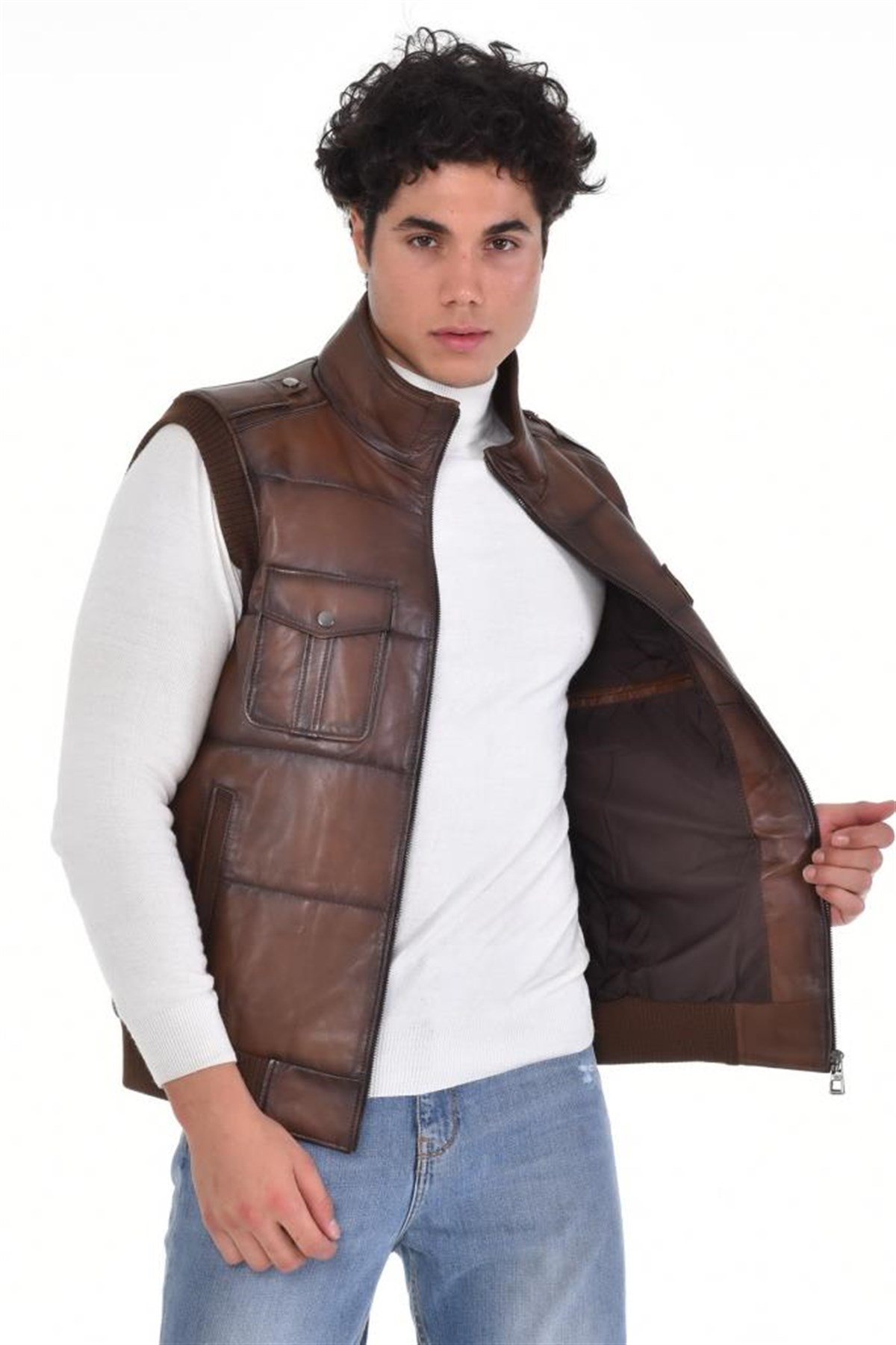 Kahverengi Dört Cepli Yelek Manşetli Hakiki Erkek Deri Mont, Hakiki Kuzu Deri Ceket