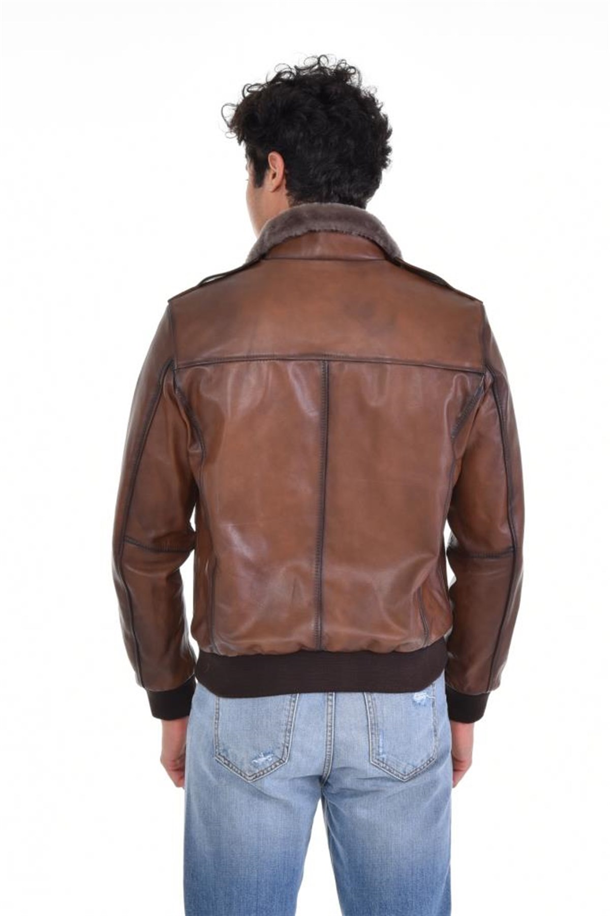 Kahverengi Kürk Yaka Hakiki Erkek Deri Mont, Hakiki Kuzu Deri Ceket