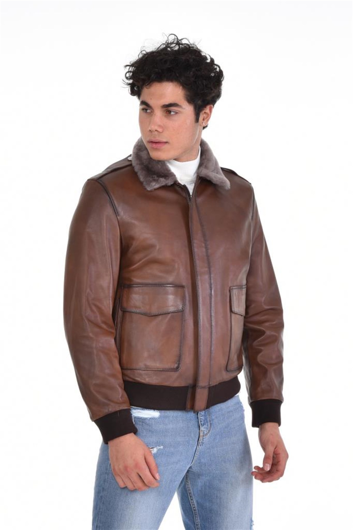 Kahverengi Kürk Yaka Hakiki Erkek Deri Mont, Hakiki Kuzu Deri Ceket