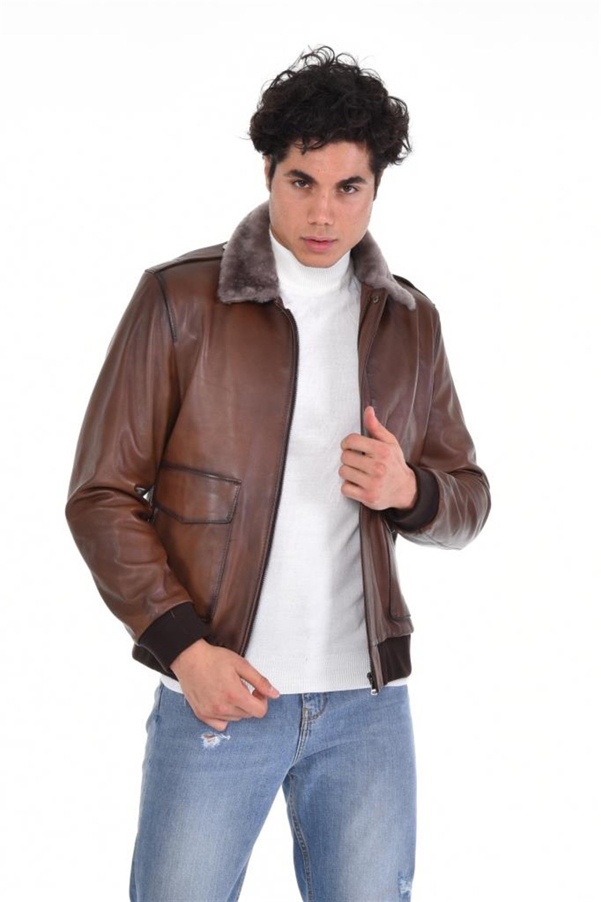 Kahverengi Kürk Yaka Hakiki Erkek Deri Mont, Hakiki Kuzu Deri Ceket