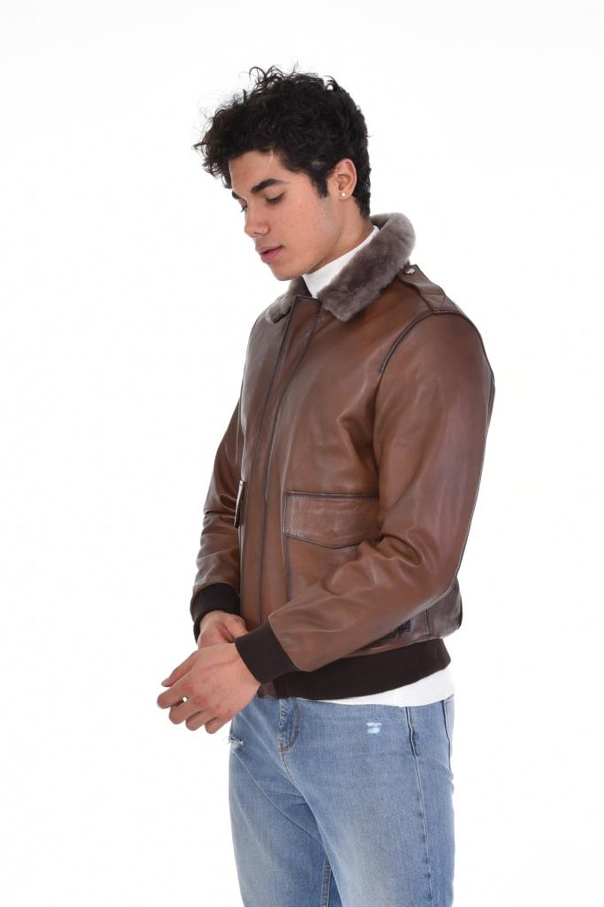 Kahverengi Kürk Yaka Hakiki Erkek Deri Mont, Hakiki Kuzu Deri Ceket