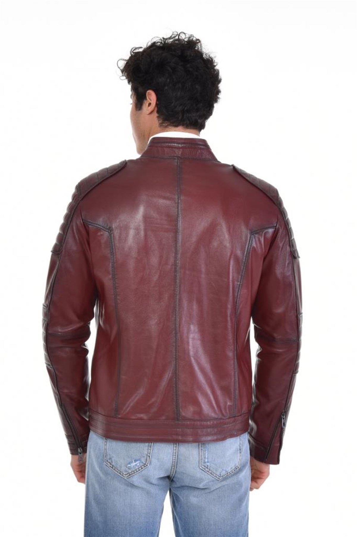 Kahverengi Motorcu Dört Cepli  Hakiki Erkek Deri Mont, Hakiki Kuzu Deri Ceket