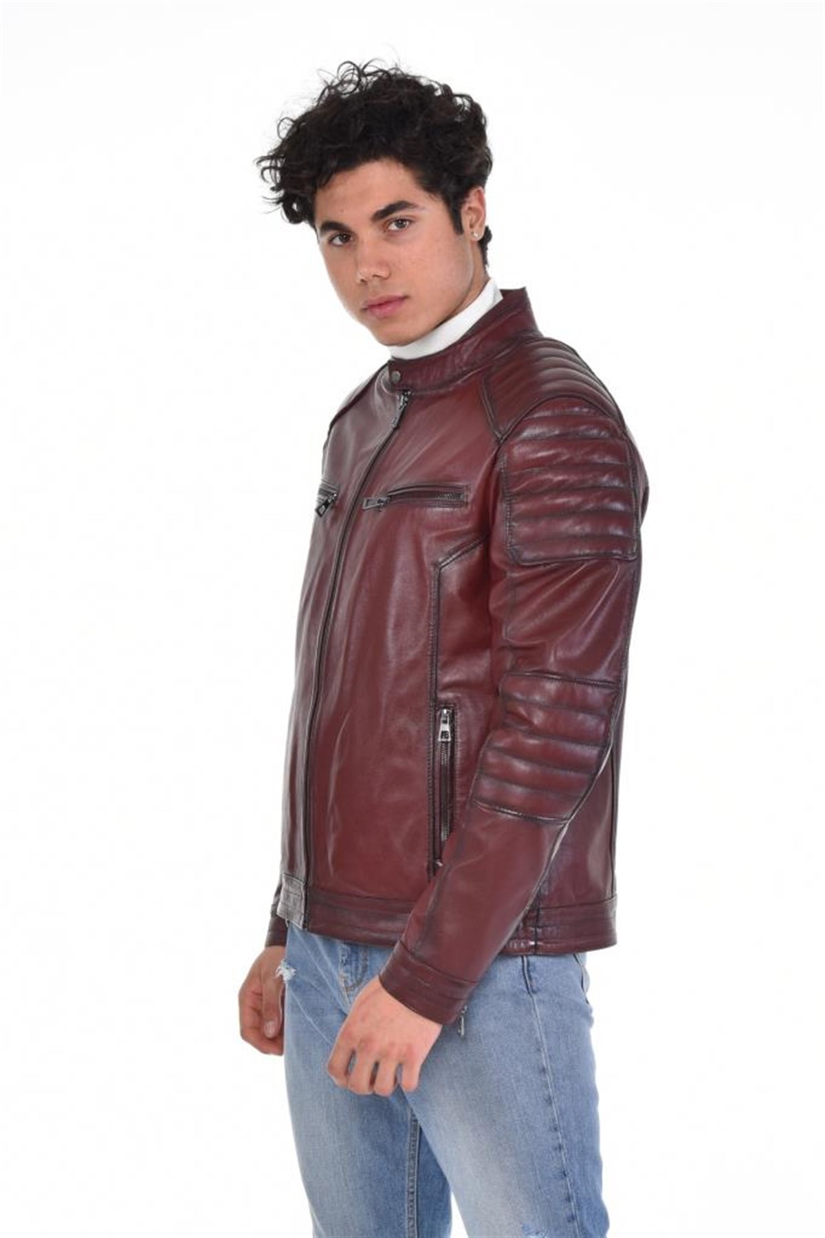 Kahverengi Motorcu Dört Cepli  Hakiki Erkek Deri Mont, Hakiki Kuzu Deri Ceket