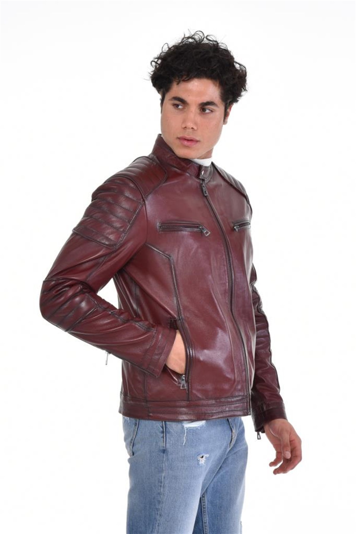 Kahverengi Motorcu Dört Cepli  Hakiki Erkek Deri Mont, Hakiki Kuzu Deri Ceket