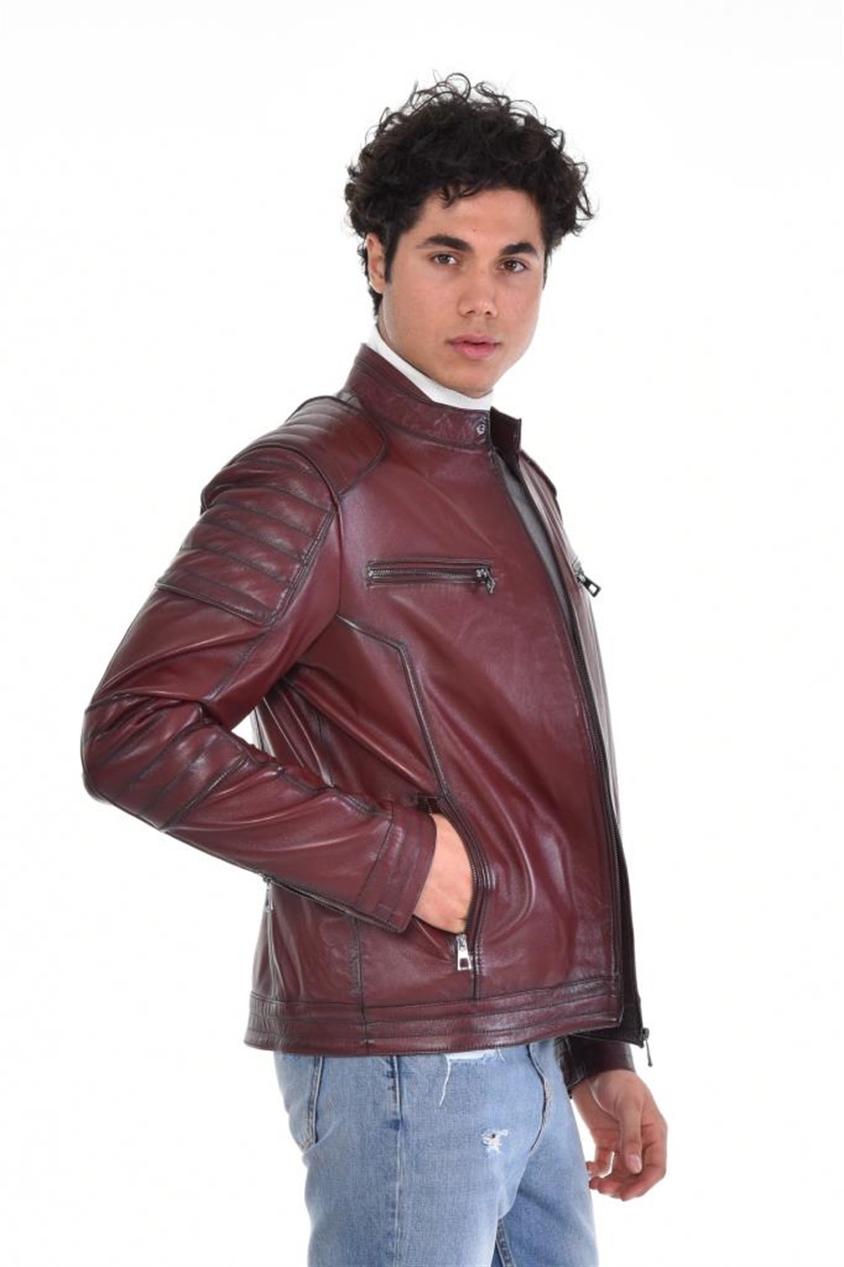 Kahverengi Motorcu Dört Cepli  Hakiki Erkek Deri Mont, Hakiki Kuzu Deri Ceket