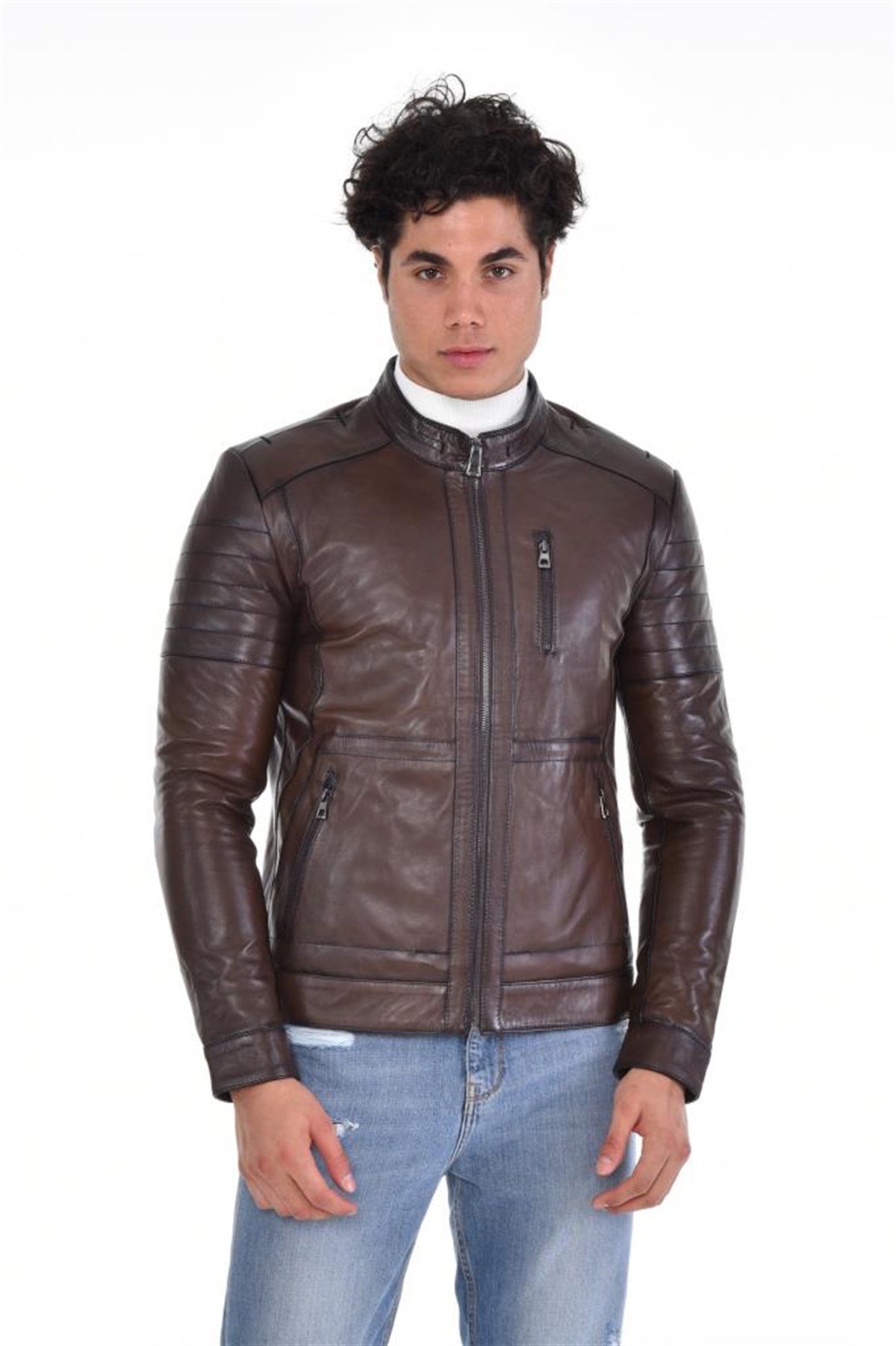 Kahverengi Üç Cepli Hakim Yaka Hakiki Erkek Deri Mont, Hakiki Kuzu Deri Ceket