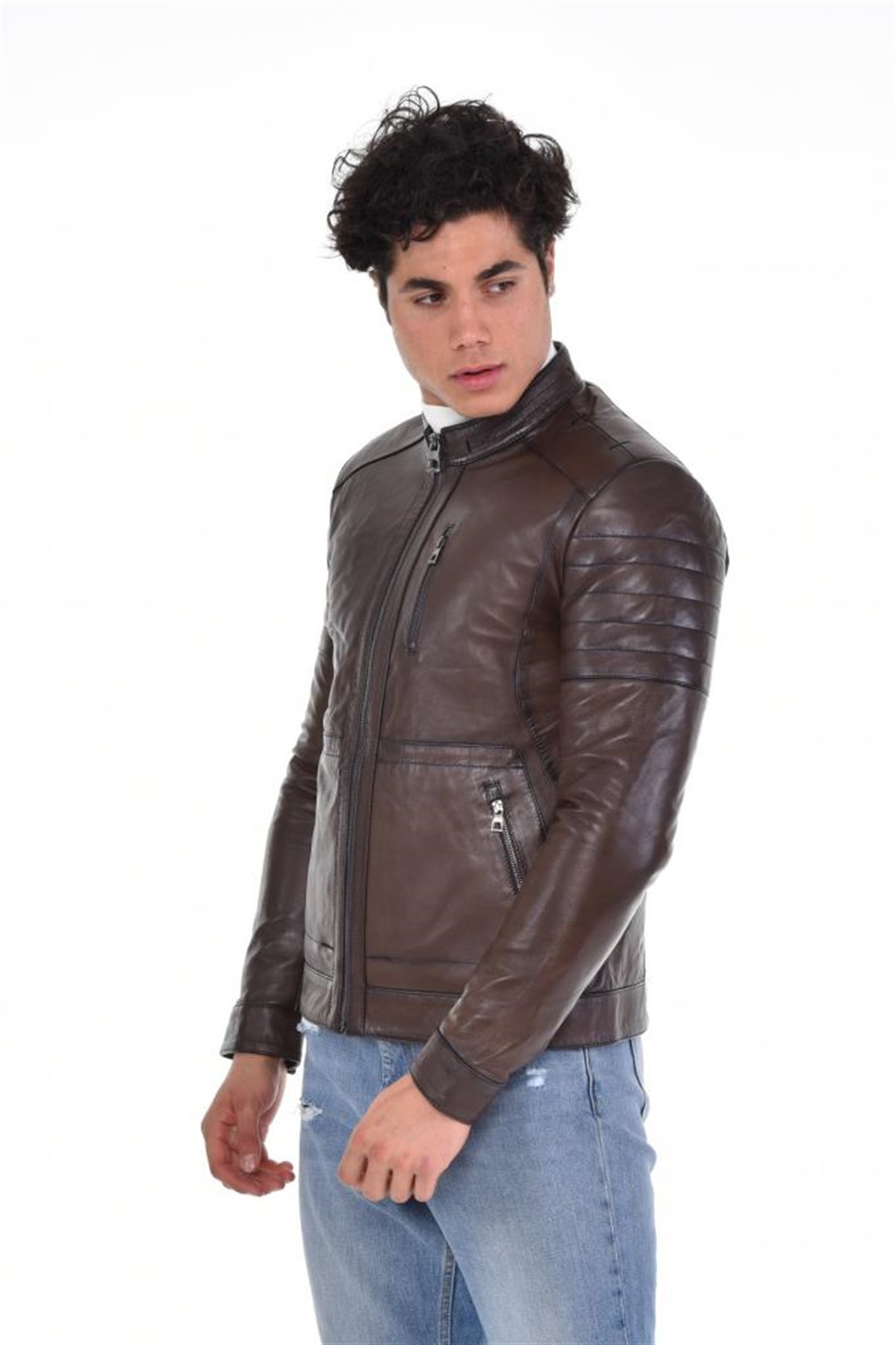 Kahverengi Üç Cepli Hakim Yaka Hakiki Erkek Deri Mont, Hakiki Kuzu Deri Ceket