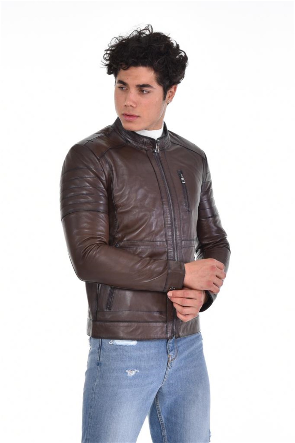 Kahverengi Üç Cepli Hakim Yaka Hakiki Erkek Deri Mont, Hakiki Kuzu Deri Ceket