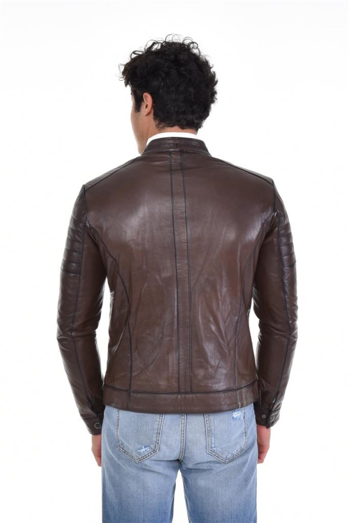 Kahverengi Üç Cepli Hakim Yaka Hakiki Erkek Deri Mont, Hakiki Kuzu Deri Ceket