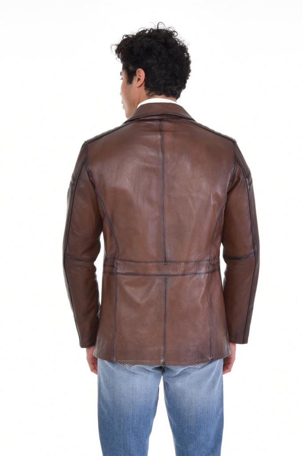 Kahverengi Üç Düğmeli İngiliz Yaka Hakiki Erkek Deri Mont, Hakiki Kuzu Deri Ceket