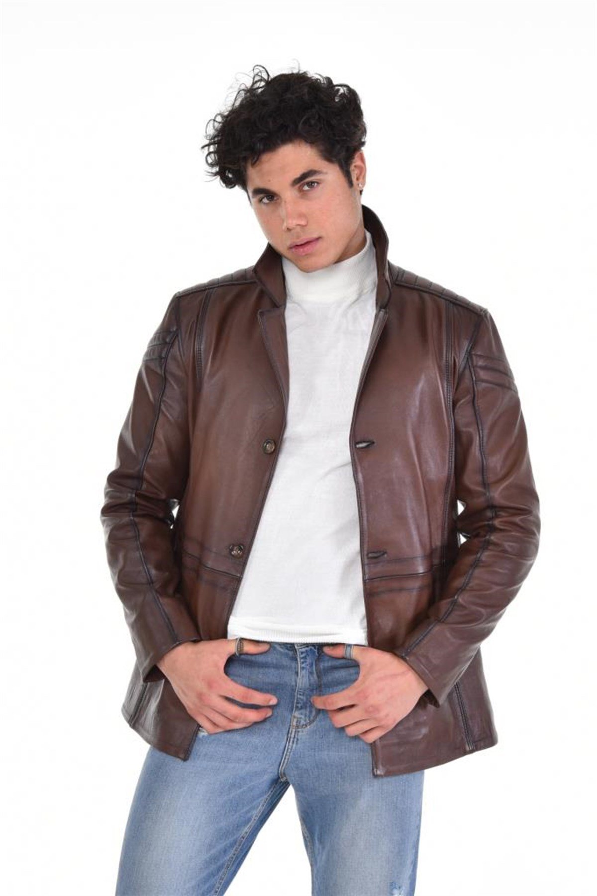 Kahverengi Üç Düğmeli İngiliz Yaka Hakiki Erkek Deri Mont, Hakiki Kuzu Deri Ceket