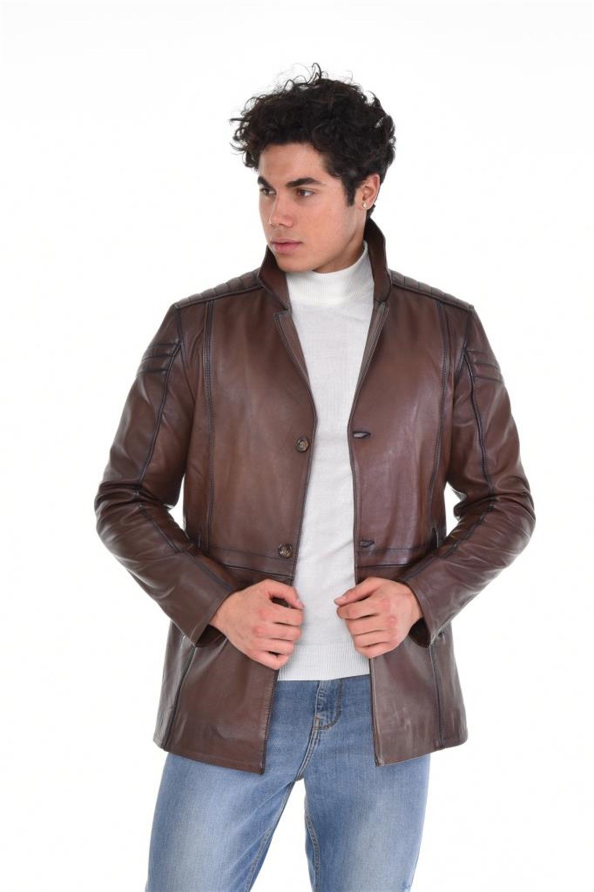 Kahverengi Üç Düğmeli İngiliz Yaka Hakiki Erkek Deri Mont, Hakiki Kuzu Deri Ceket