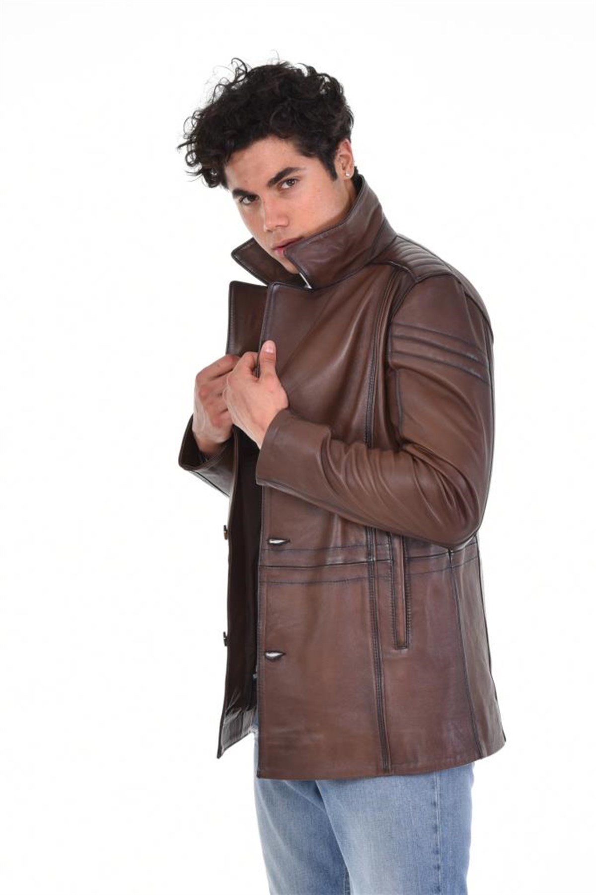 Kahverengi Üç Düğmeli İngiliz Yaka Hakiki Erkek Deri Mont, Hakiki Kuzu Deri Ceket