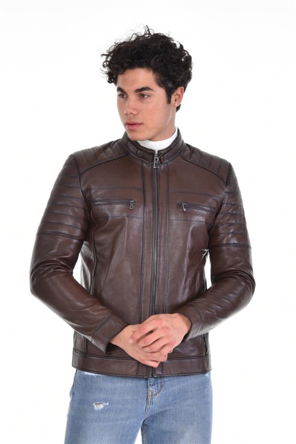 Kahverengi Üst Cift Cepli Hakim Yaka Hakiki Erkek Deri Mont, Hakiki Kuzu Deri Ceket