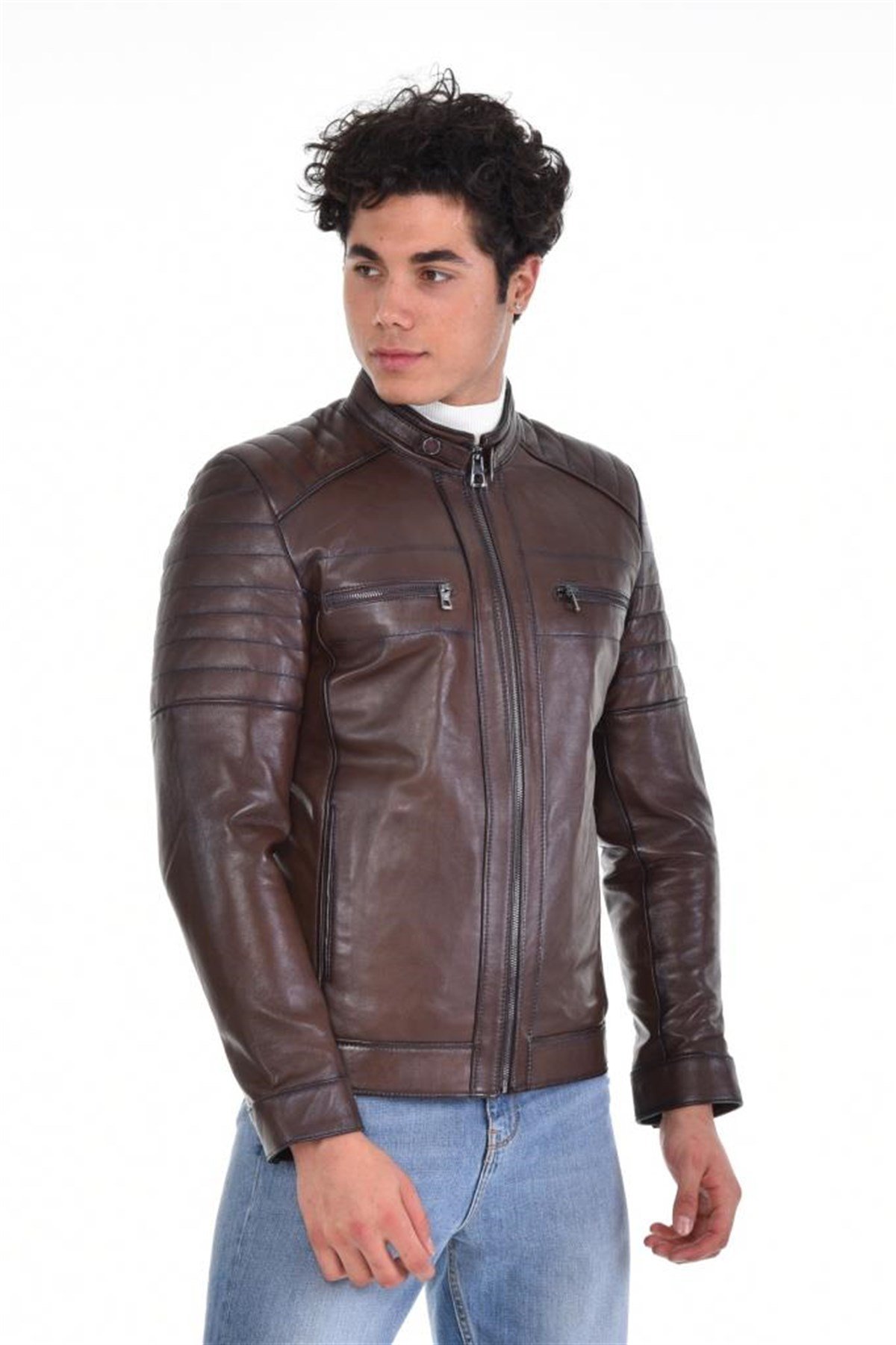 Kahverengi Üst Cift Cepli Hakim Yaka Hakiki Erkek Deri Mont, Hakiki Kuzu Deri Ceket