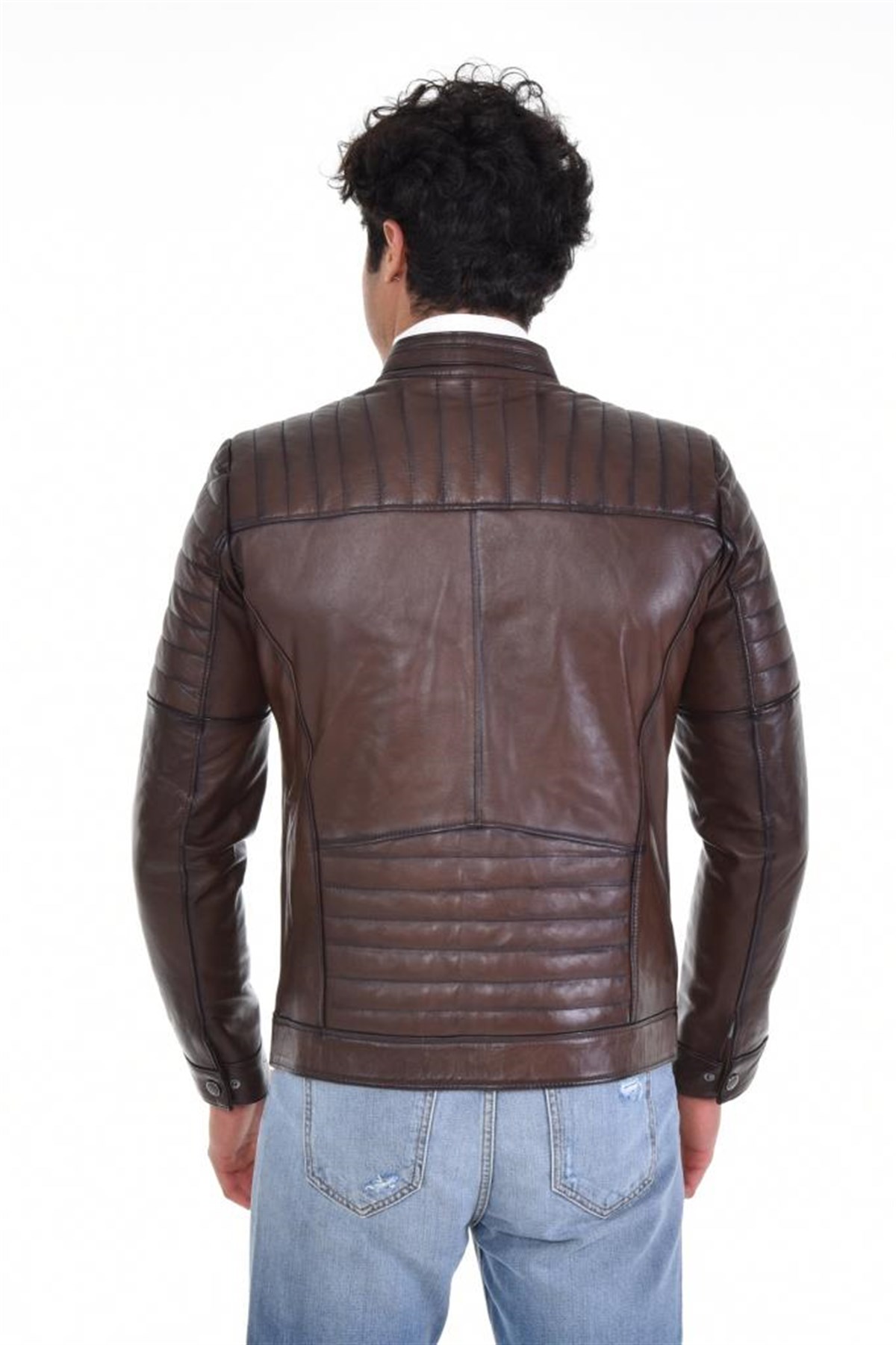 Kahverengi Üst Cift Cepli Hakim Yaka Hakiki Erkek Deri Mont, Hakiki Kuzu Deri Ceket