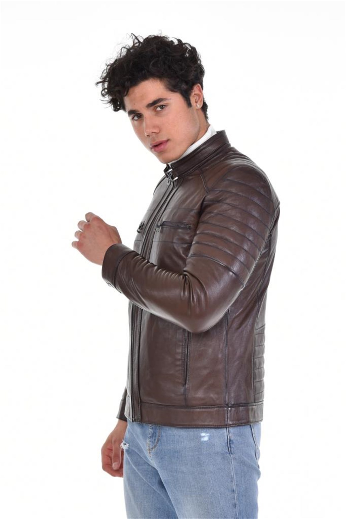 Kahverengi Üst Cift Cepli Hakim Yaka Hakiki Erkek Deri Mont, Hakiki Kuzu Deri Ceket