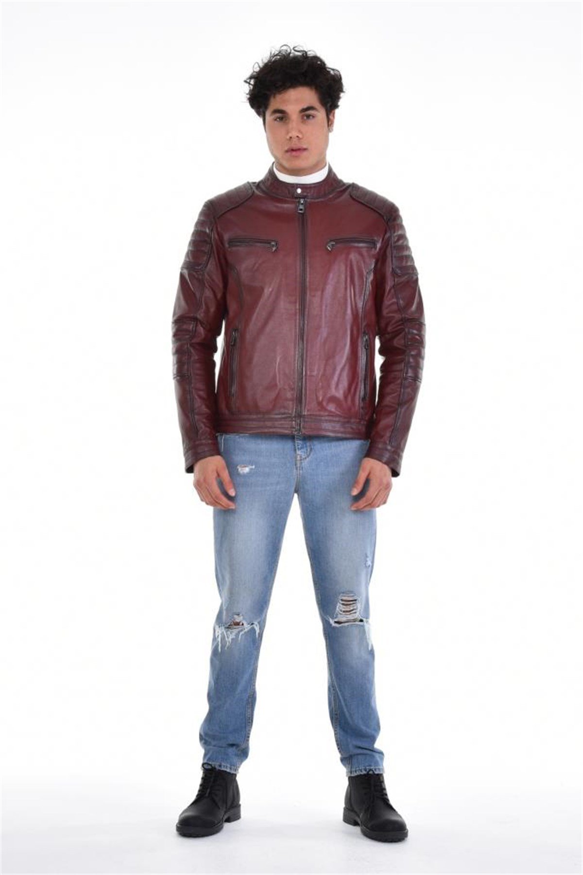 Kahverengi Yatay Cepli Motorcu Hakiki Erkek Deri Mont, Hakiki Kuzu Deri Ceket