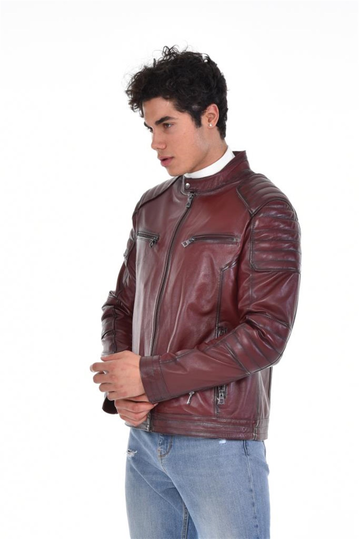 Kahverengi Yatay Cepli Motorcu Hakiki Erkek Deri Mont, Hakiki Kuzu Deri Ceket