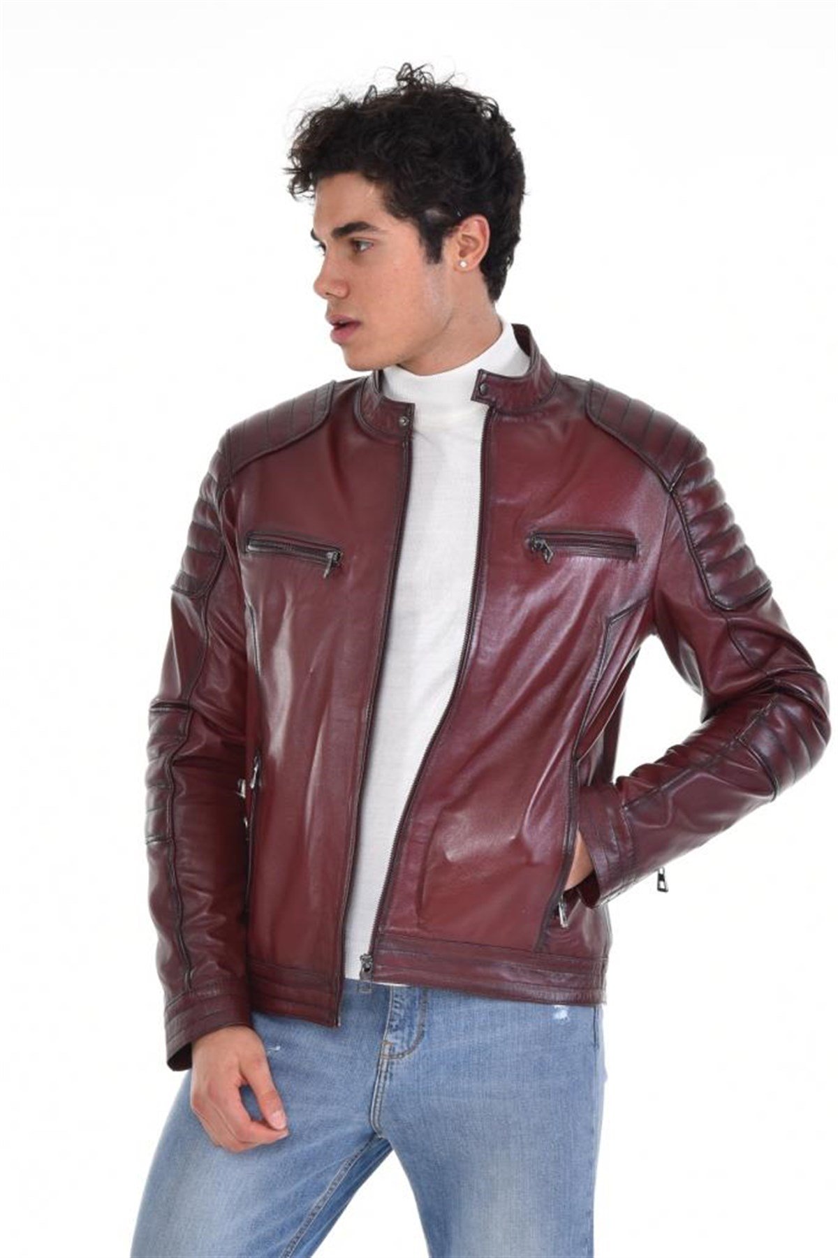 Kahverengi Yatay Cepli Motorcu Hakiki Erkek Deri Mont, Hakiki Kuzu Deri Ceket