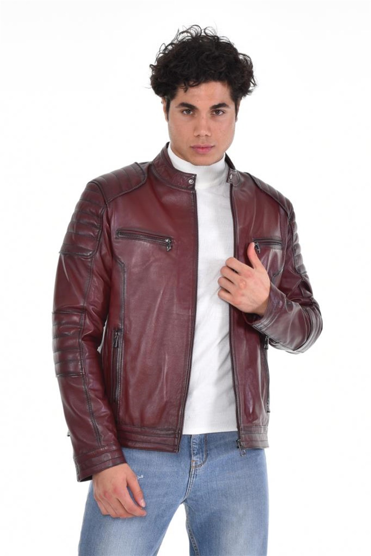 Kahverengi Yatay Cepli Motorcu Hakiki Erkek Deri Mont, Hakiki Kuzu Deri Ceket