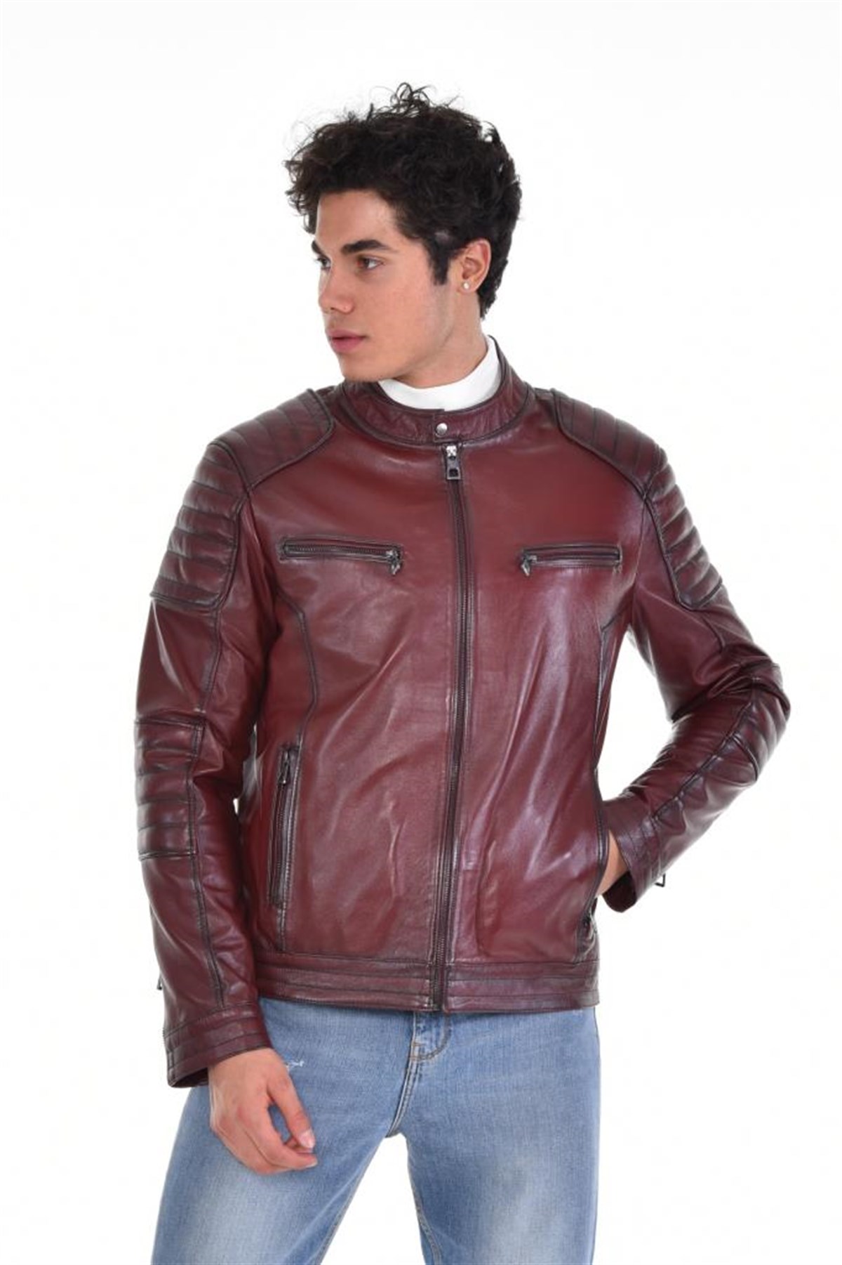 Kahverengi Yatay Cepli Motorcu Hakiki Erkek Deri Mont, Hakiki Kuzu Deri Ceket