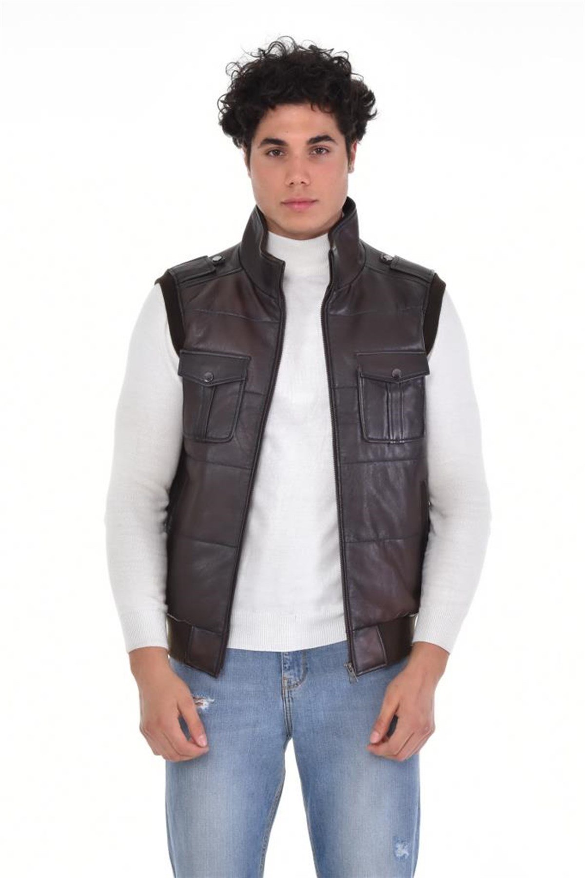 Koyu Kahverengi Dört Cepli Kapaklı  Yelek Hakiki Erkek Deri Mont, Hakiki Kuzu Deri Ceket