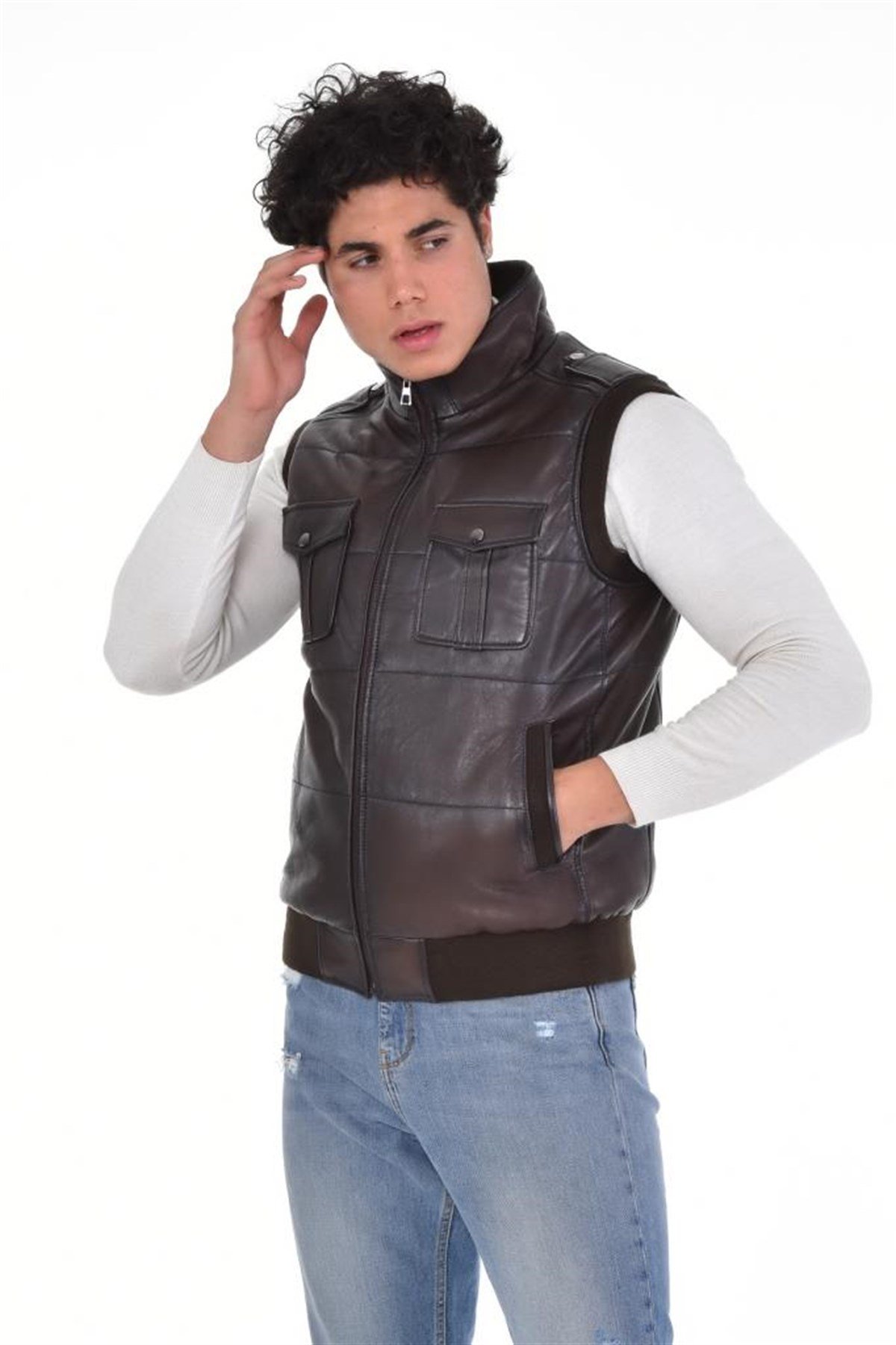 Koyu Kahverengi Dört Cepli Kapaklı  Yelek Hakiki Erkek Deri Mont, Hakiki Kuzu Deri Ceket