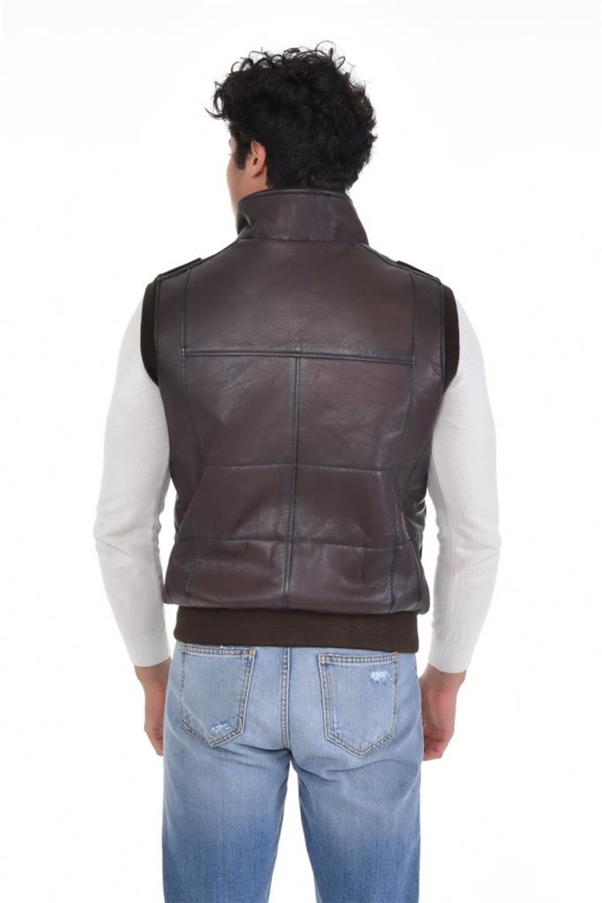 Koyu Kahverengi Dört Cepli Kapaklı  Yelek Hakiki Erkek Deri Mont, Hakiki Kuzu Deri Ceket