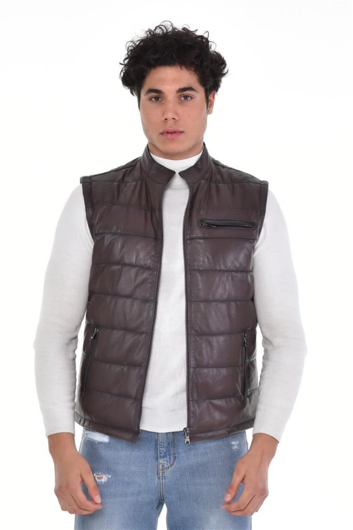 Koyu Kahverengi Üç Cepli Kabertmalı  Yelek Hakiki Erkek Deri Mont, Hakiki Kuzu Deri Ceket