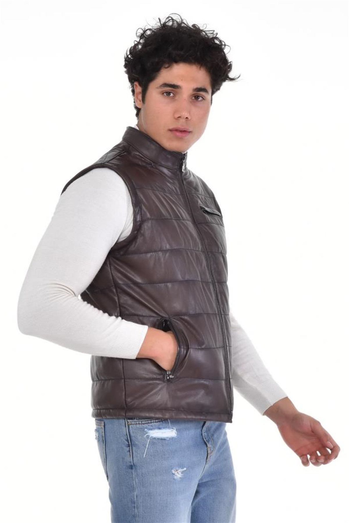 Koyu Kahverengi Üç Cepli Kabertmalı  Yelek Hakiki Erkek Deri Mont, Hakiki Kuzu Deri Ceket