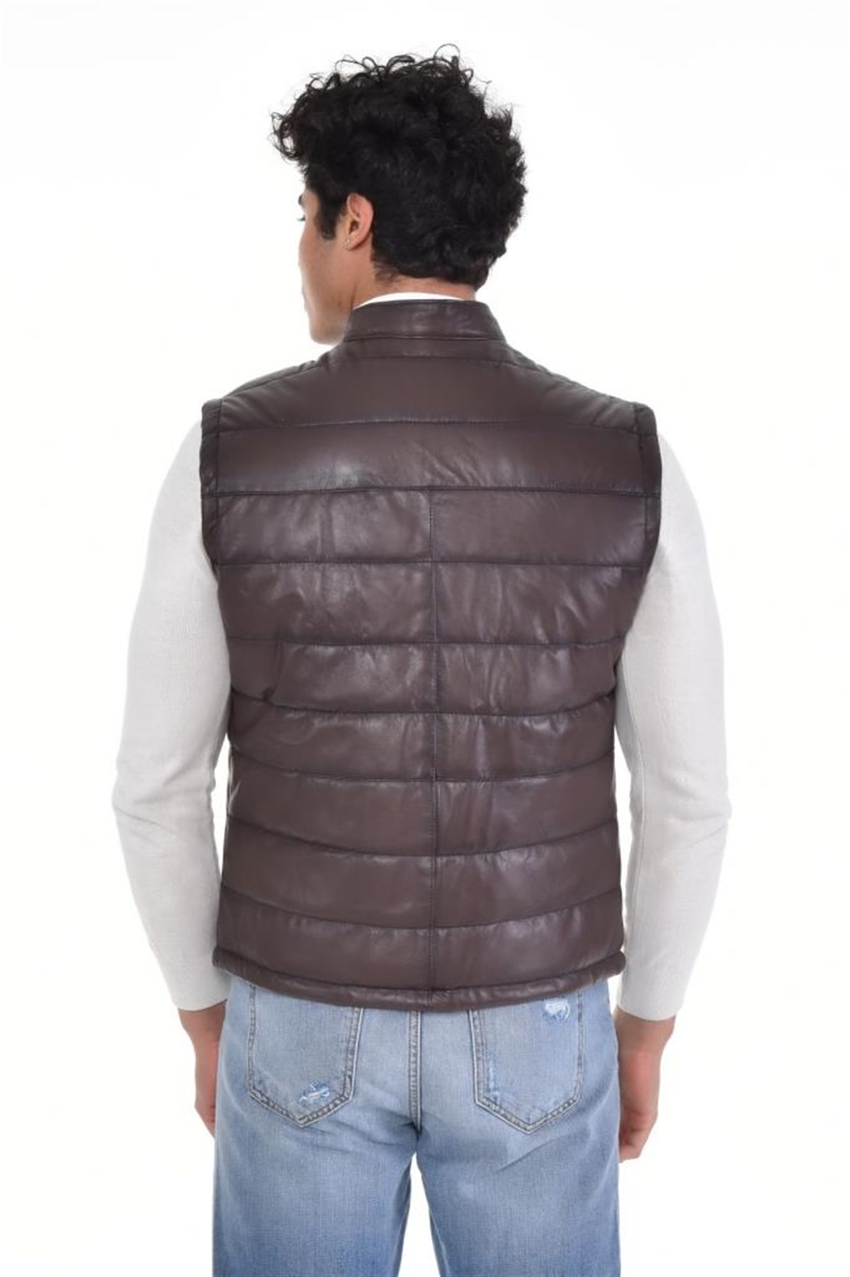 Koyu Kahverengi Üç Cepli Kabertmalı  Yelek Hakiki Erkek Deri Mont, Hakiki Kuzu Deri Ceket